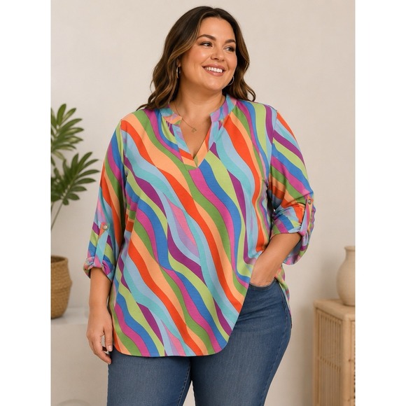 Dear Scarlett Tops - Dear Scarlett Plus Size Women's Top Blouse 2X Rainbow Red Orange Blue NWT